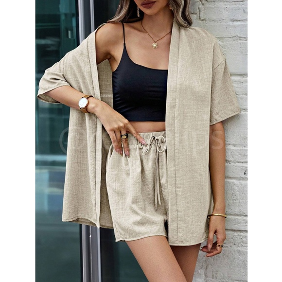 2 Piece Set: Beige / Khaki Kimono Shirt and Shorts - Picture 3 of 6